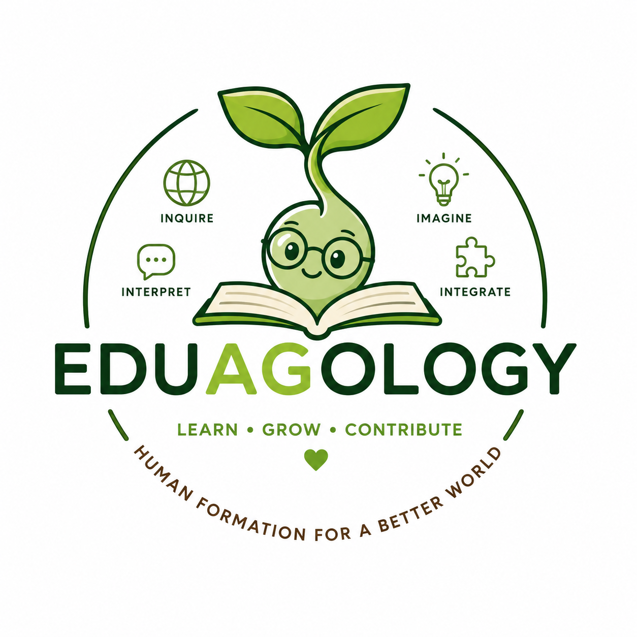 Eduagology emblem: a sprout reading an open book, ringed by Inquire, Imagine, Interpret and Integrate